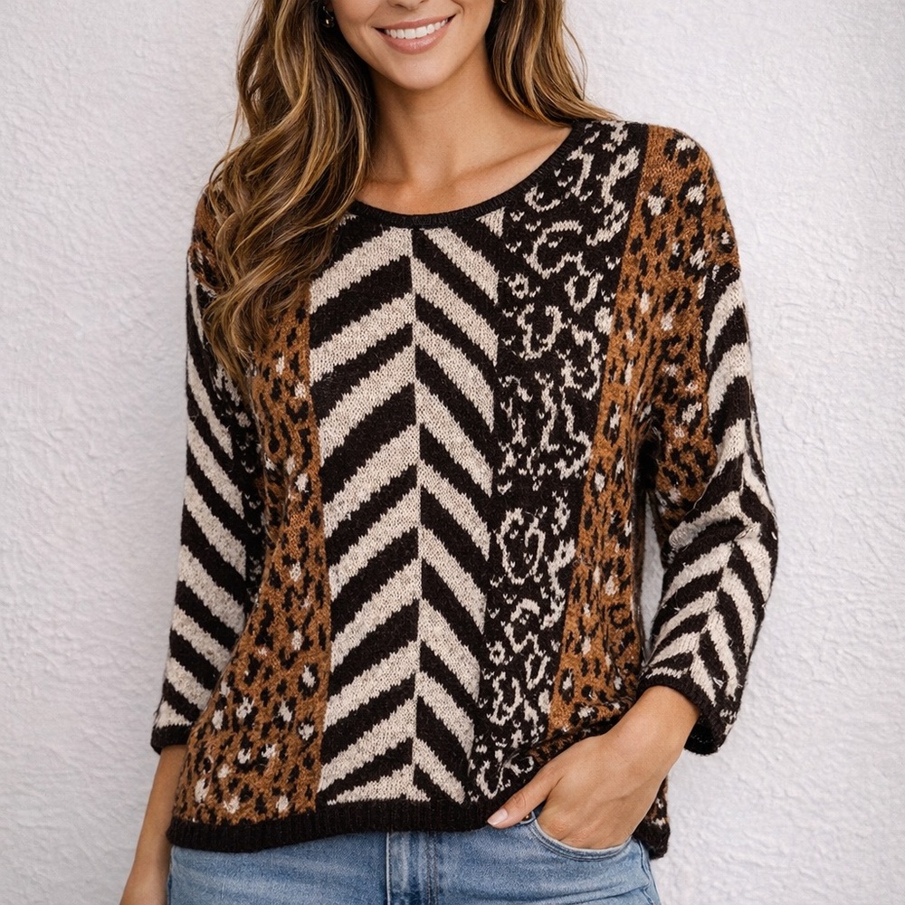 Mixed Animal Print & Chevron Knit Sweater | Size Small